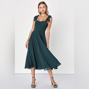 NWT Lulus Sophisticated Charisma Dark Teal Tie-Strap A-Line Midi Dress Size XS